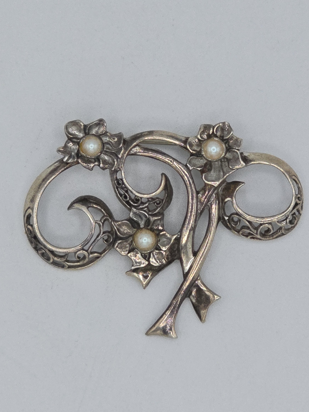 VTG Jezlaine Jez Sterling Silver Brooch Faux Pearl Floral Art Nouveau Pin 2" 12g